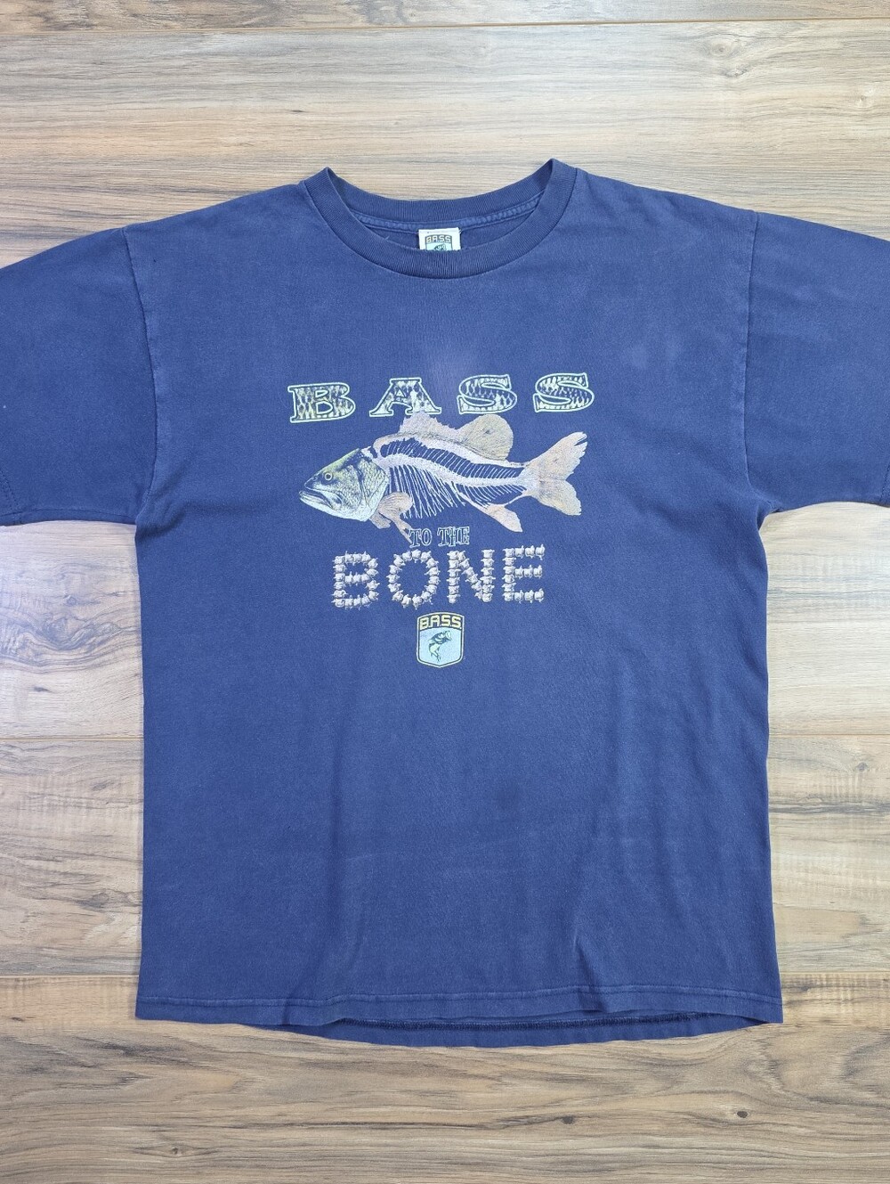 Vintage B.A.S.S. Y2K Bass To The Bone Skeleton Fish Graphic T-Shirt Blue L Mens